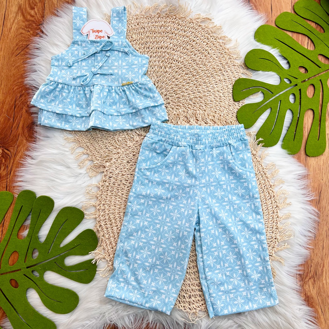 Conj. Bata e Calça Pantacourt Floral - Azul